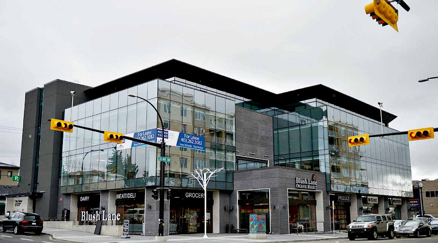 A corner shot of the Odeon commercial property featuring it's glazed mirrored exterior on a cloudy grey day.