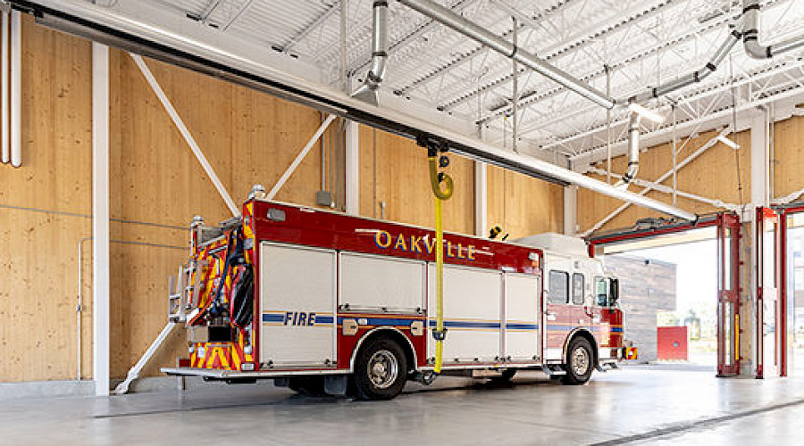 A firetruck inside of the Oakville Fire Station.