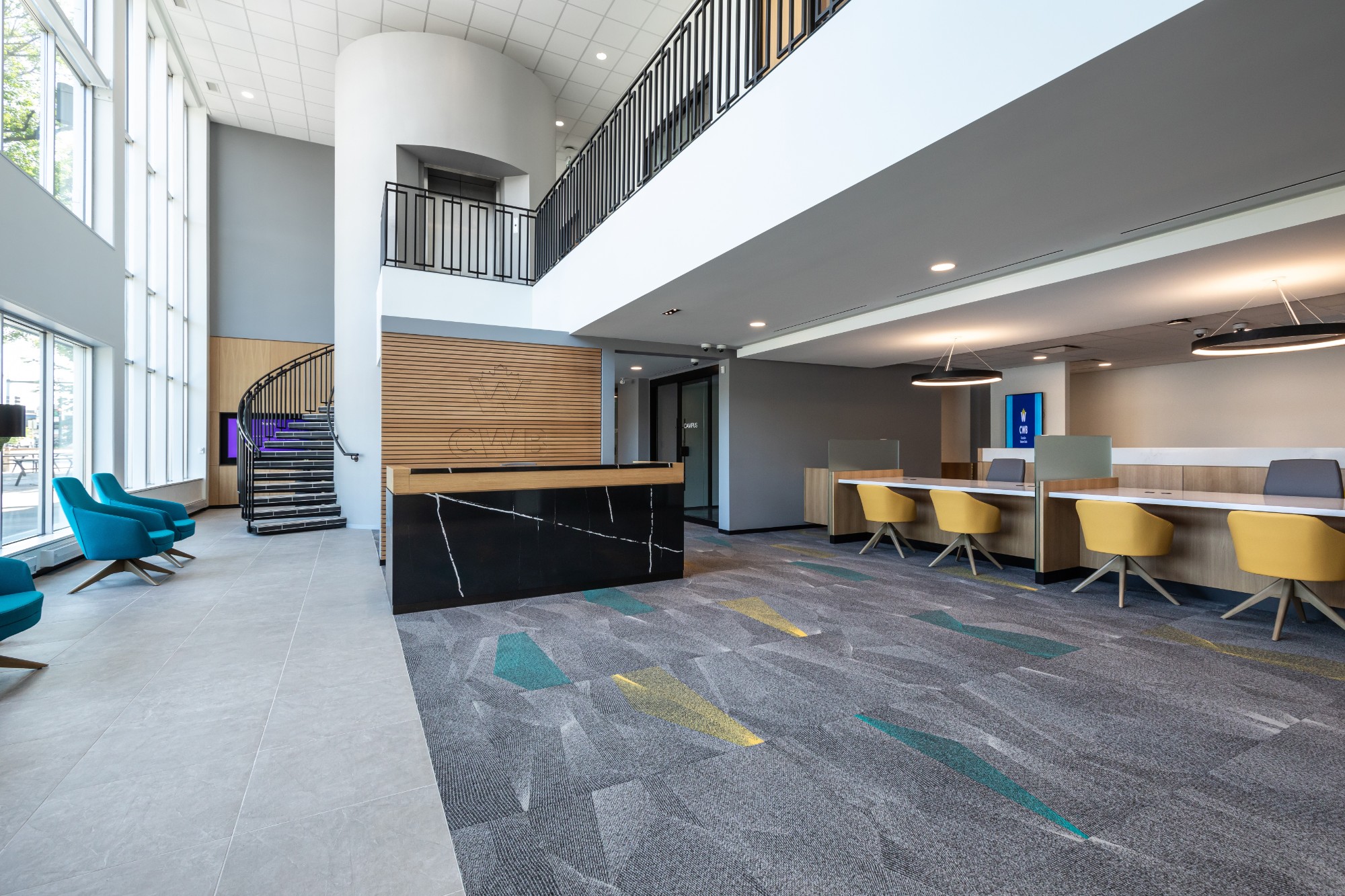 Interior image of the new lobby of Canadian Western Bank in Lethbridge, Alberta, built by Chandos Construction Calgary