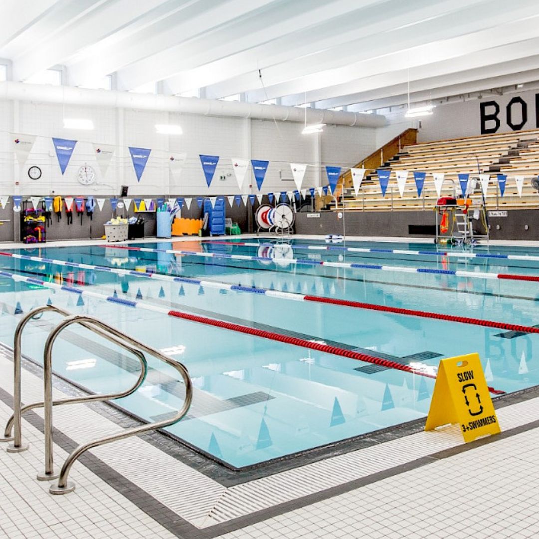 A photo of a large swimming pool with backstroke flags hanging above the multiple lanes.