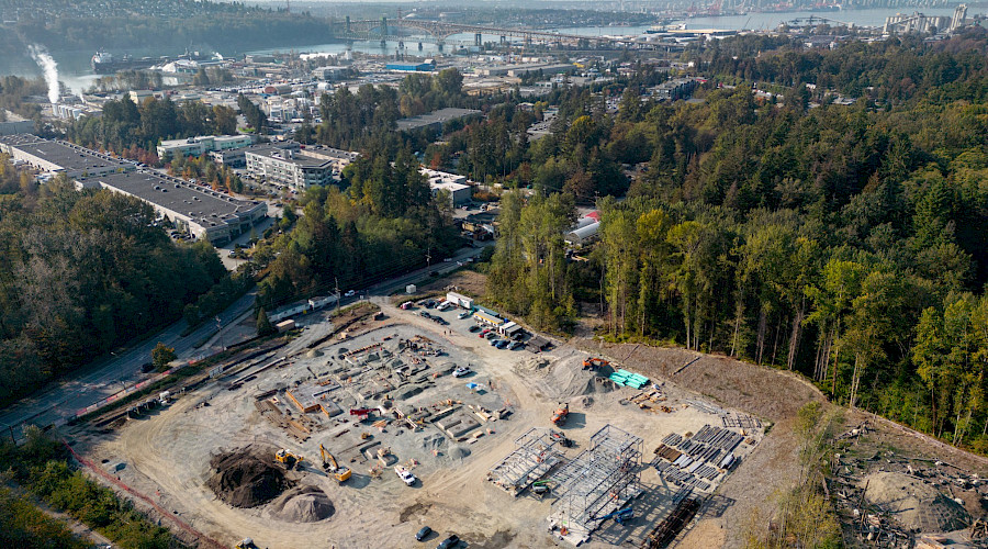 An aerial shot of the construction site for the Maplewood Fire and Rescue Centre.