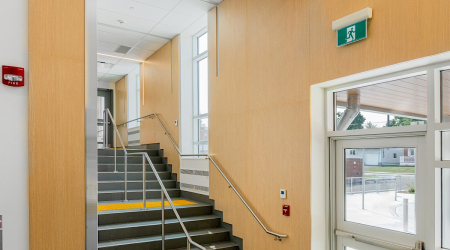 Interior shot of the staircase that connects the new emergency wing to the rest of the hospital at Carleton Place and District Memorial Hospital emergency wing, built by Chandos Construction Ottawa