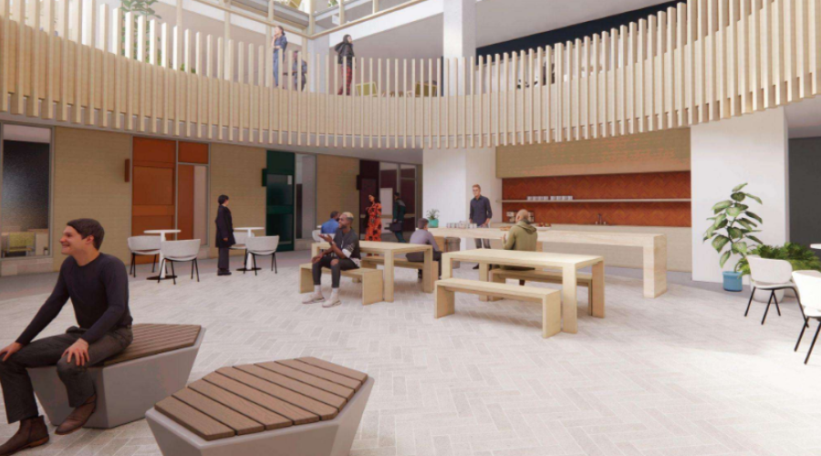 Interior rendering of the new King Thunderbird Centre lobby and common space that features mass timber, natural lighting, and is heated with geothermal field installation.