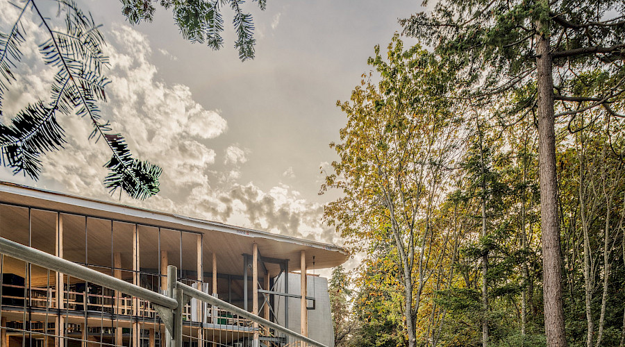 Exterior shot of construction happening at the National Centre for Indigenous Law, completed by Chandos Construction Vancouver. Showcasing the mass timber structure