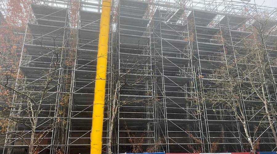 Image of EA Sports Scaffolding while Chandos Construction was recladding the masonry wall