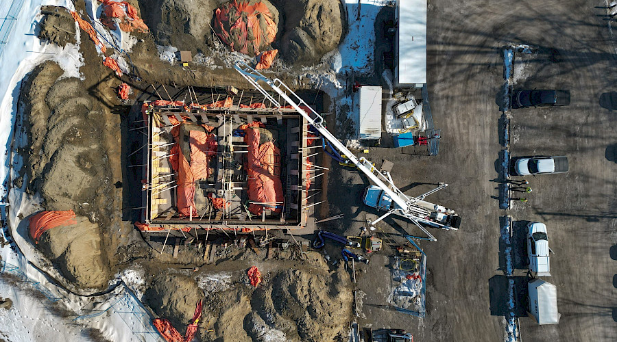 Drone image of the Petrie Island Canoe Club during construction built by Chandos Construction Ottawa