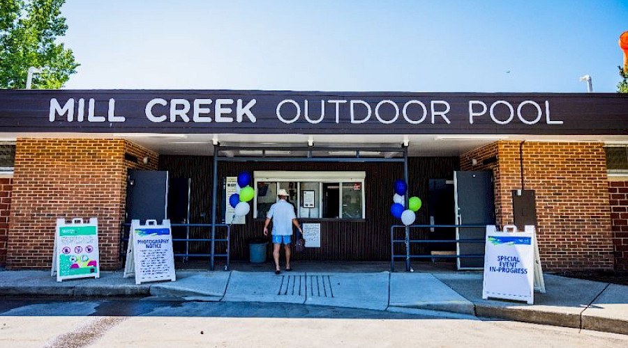 Exterior shot of the entrance of the Mill Creek Pool, renovated by Chandos Construction Edmonton