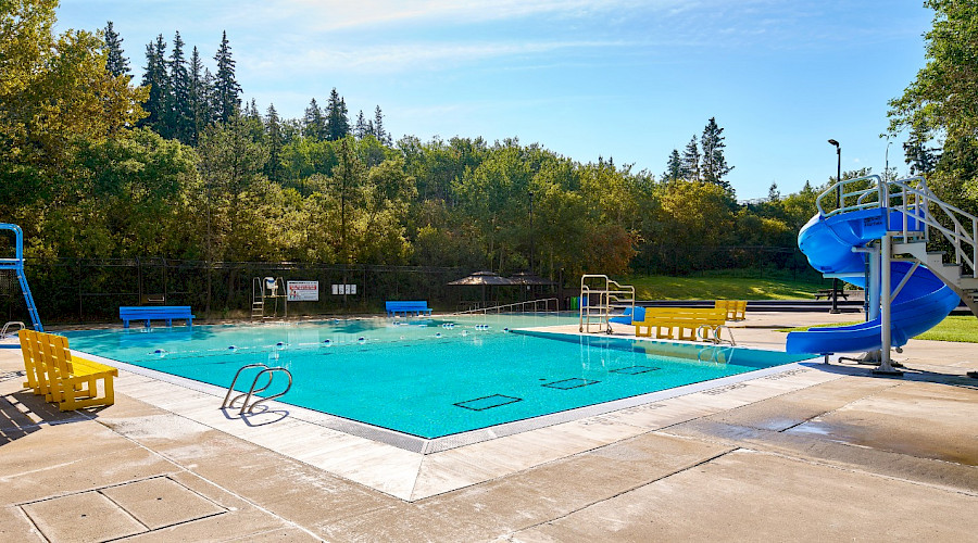 Exterior shot of the entrance of the Mill Creek Pool, renovated by Chandos Construction Edmonton