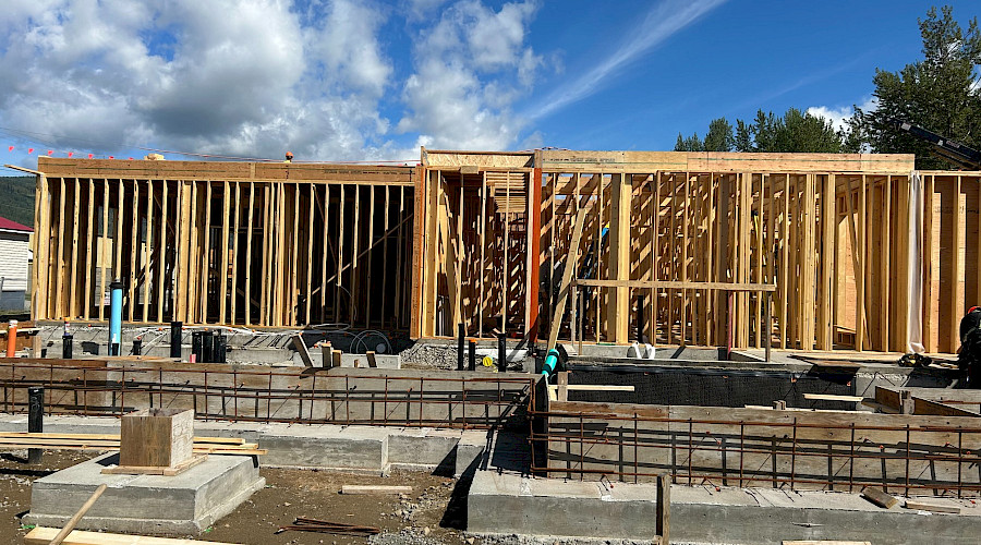 Image of the wooden frame being built at the new Cottonwood Place Seniors Housing Facility in Lumby, BC, built by Chandos Construction Kelowna.